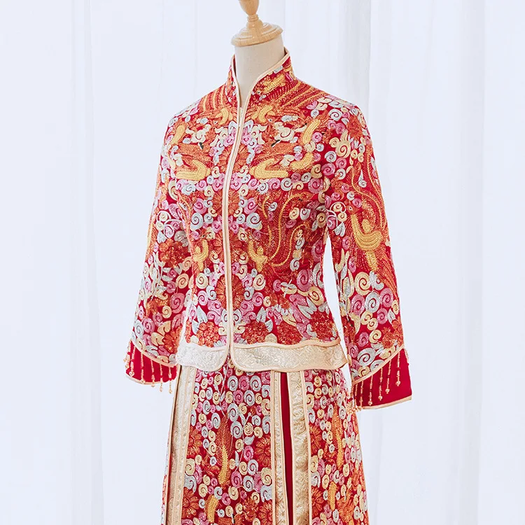 Bride Traditional Tassel Sequins Cheongsam Elegant Chinese Clothing Women Embroidery Wedding Dress  костюм для восточных1