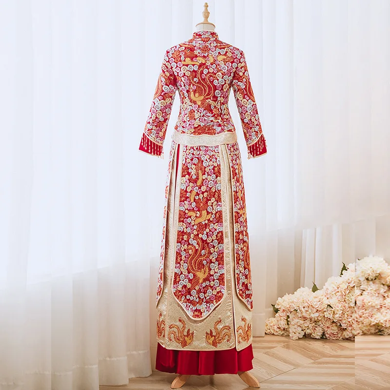 Bride Traditional Tassel Sequins Cheongsam Elegant Chinese Clothing Women Embroidery Wedding Dress  костюм для восточных3