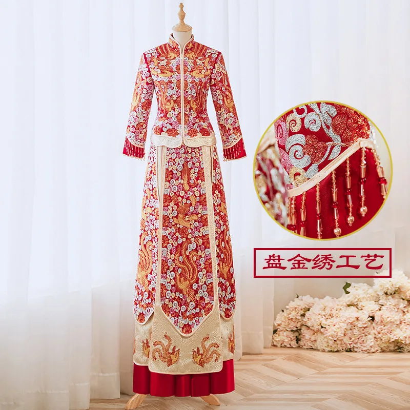 Bride Traditional Tassel Sequins Cheongsam Elegant Chinese Clothing Women Embroidery Wedding Dress  костюм для восточных5