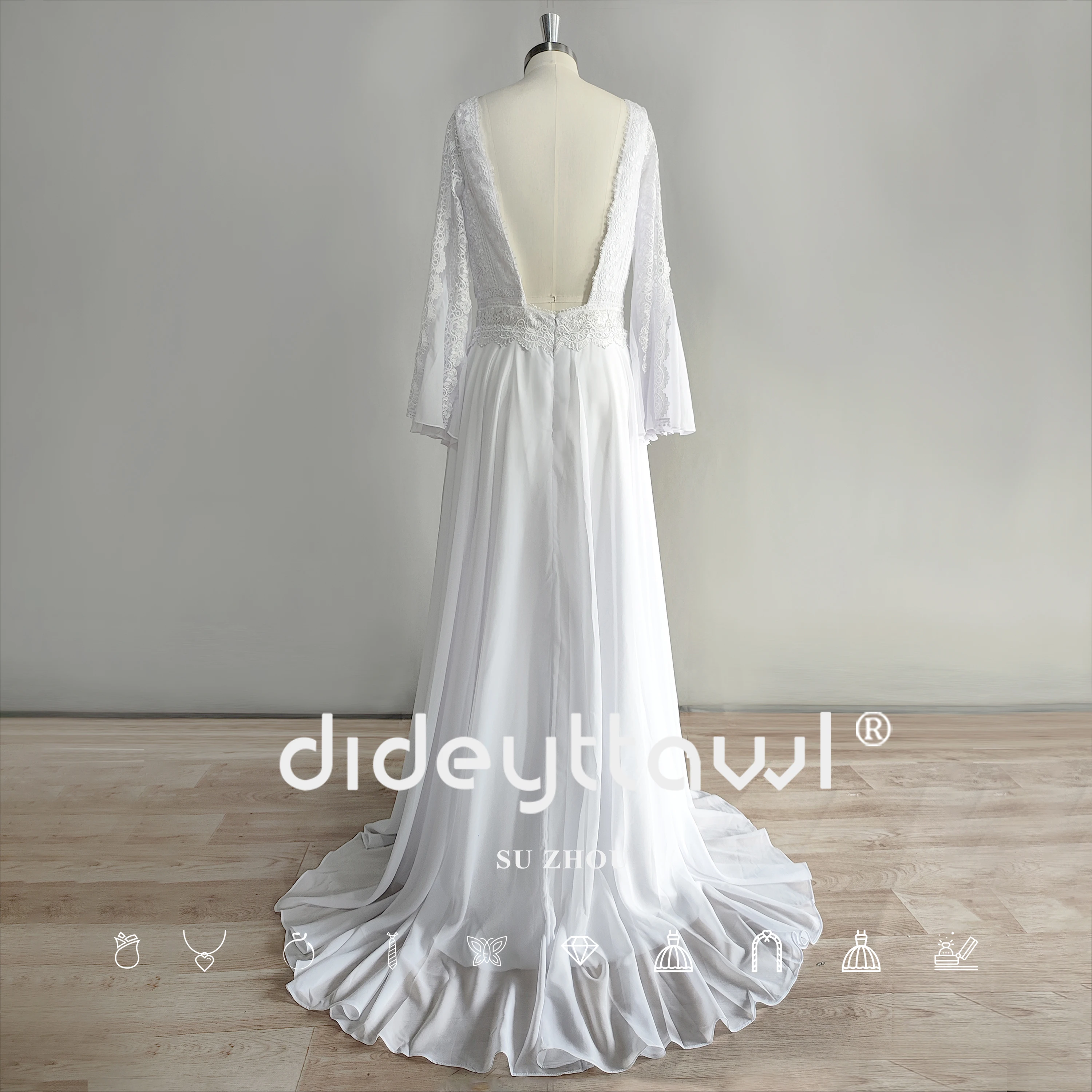 DIDEYTTAWL Реальное изображение Расклешенные Длинные Рукава Шифоновое Свадебное платье в стиле Бохо 2023, Свадебное платье с V-образным вырезом и открытой спиной Для женщин1