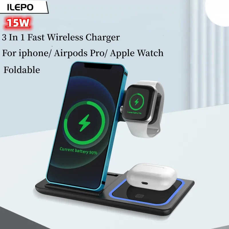 ILEPO 15 Вт 3 в 1 Беспроводная Подставка Для Зарядного устройства Для iPhone 13 12 11 Apple Watch Складная док-станция для Быстрой зарядки Airpods Pro0