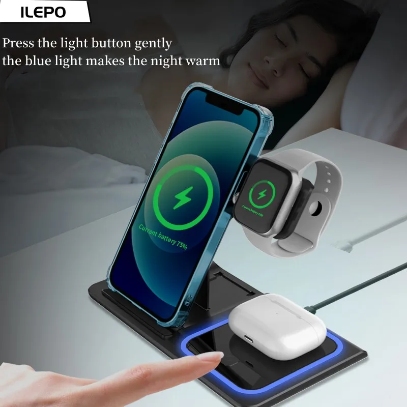 ILEPO 15 Вт 3 в 1 Беспроводная Подставка Для Зарядного устройства Для iPhone 13 12 11 Apple Watch Складная док-станция для Быстрой зарядки Airpods Pro3