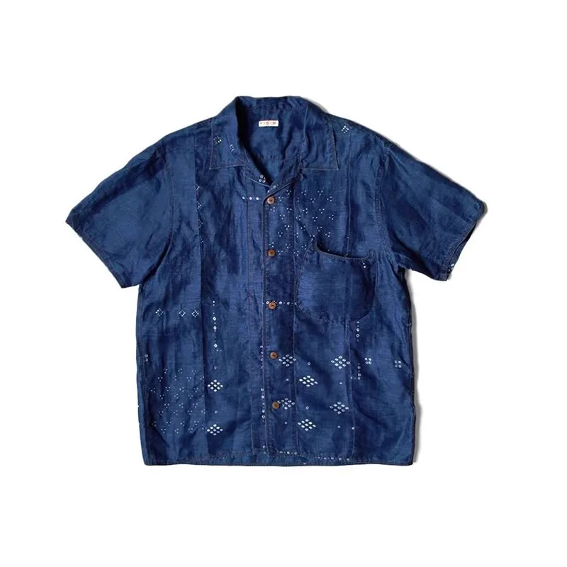 KAPITAL, джинсовый топ с синим танином, хлопковый топ в стиле пэчворк, японский тренд, ретро, льняная рубашка с коротким рукавом0