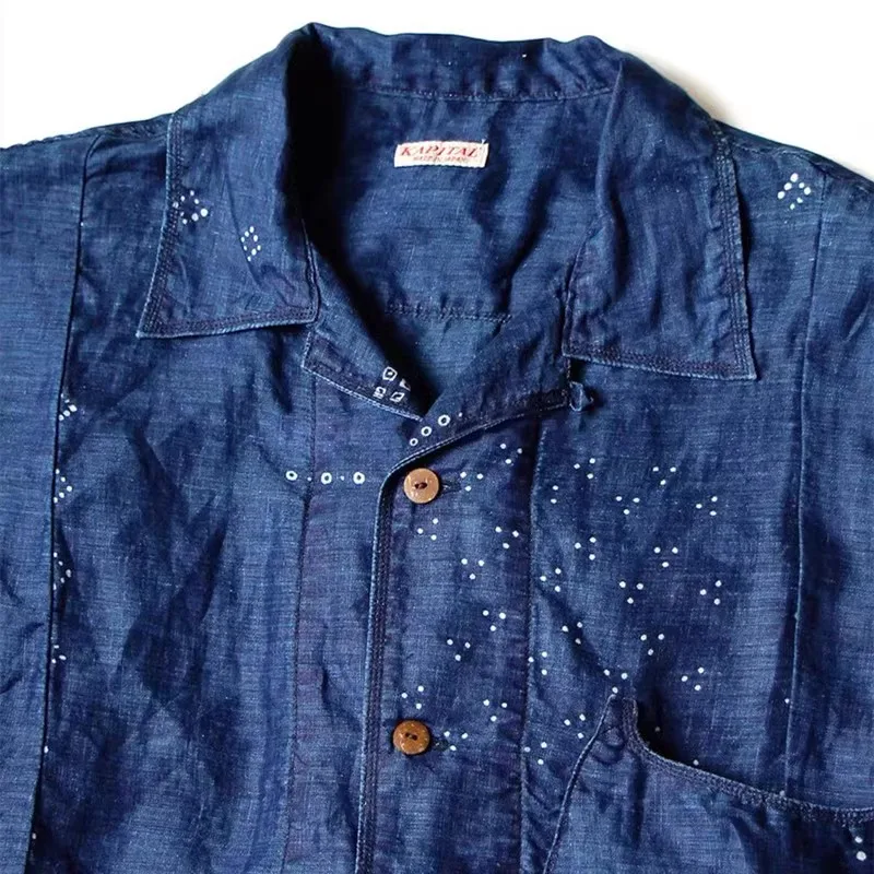 KAPITAL, джинсовый топ с синим танином, хлопковый топ в стиле пэчворк, японский тренд, ретро, льняная рубашка с коротким рукавом2