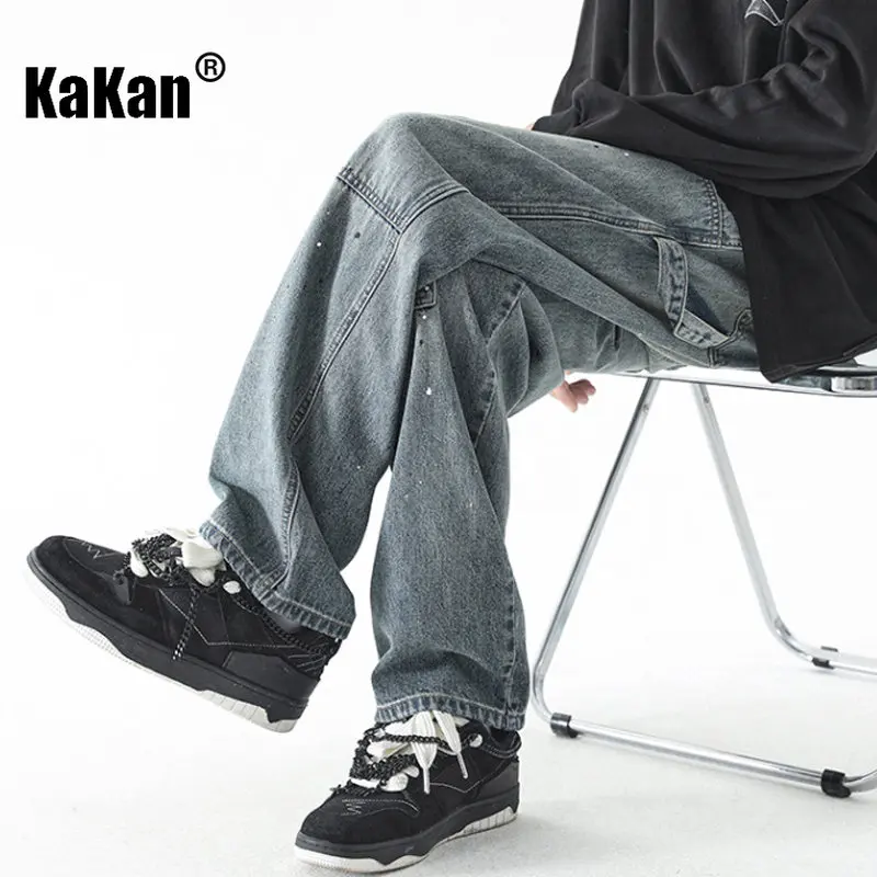 Kakan - Новые винтажные джинсы для хай-стрит, мужская одежда, сшитая по старинке, в крапинку, Свободные длинные джинсы с прямой строчкой K24-D030