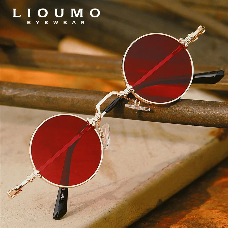 LIOUMO Высококачественные Солнцезащитные очки в стиле Стимпанк Для Мужчин И Женщин, Брендовая Дизайнерская Обувь, Винтажная Круглая Металлическая Оправа, Трендовый Оттенок UV400, gafas de sol hombre0
