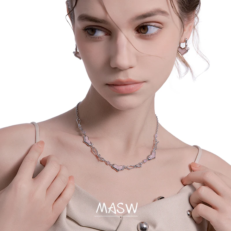 MASW, оригинальный дизайн, сладкие ювелирные изделия, высококачественное Толстое Посеребренное ожерелье с розовым сердечком Для женщин, подарок на свадьбу для девочек1