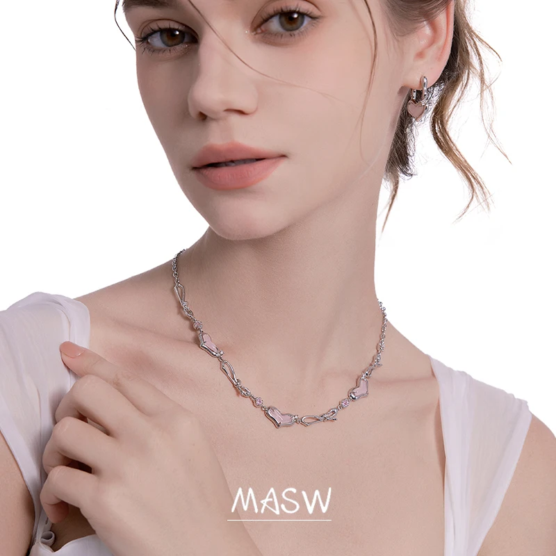 MASW, оригинальный дизайн, сладкие ювелирные изделия, высококачественное Толстое Посеребренное ожерелье с розовым сердечком Для женщин, подарок на свадьбу для девочек2