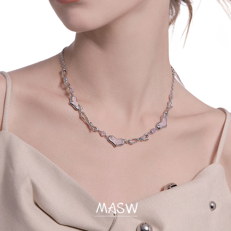 MASW, оригинальный дизайн, сладкие ювелирные изделия, высококачественное Толстое Посеребренное ожерелье с розовым сердечком Для женщин, подарок на свадьбу для девочек3