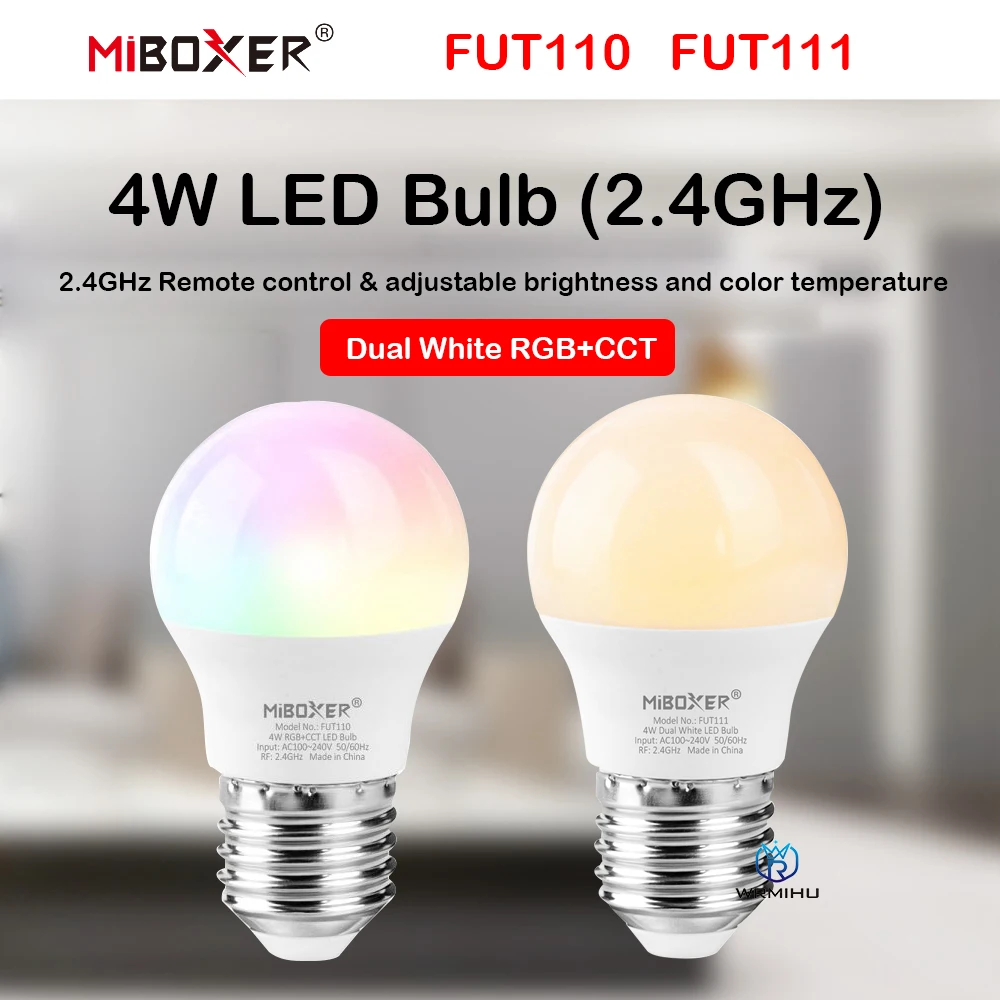 Miboxer FUT110 FUT111 4 Вт Двойная белая RGB + CCT светодиодная лампа E27/26/22 2.4 G RF SMART с дистанционным управлением, 16 миллионов цветов на выбор0