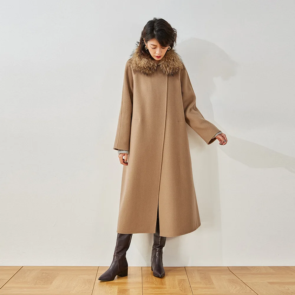 OC00365# Осенне-зимнее Женское пальто средней длины со Свободным воротником и Модным двусторонним кашемировым пальто А-образной формы на шнуровке1