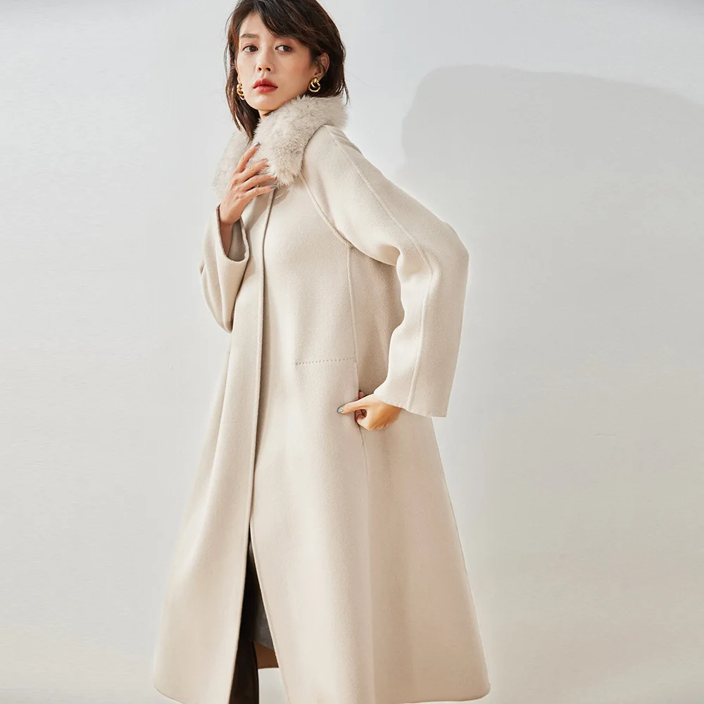 OC00365# Осенне-зимнее Женское пальто средней длины со Свободным воротником и Модным двусторонним кашемировым пальто А-образной формы на шнуровке3