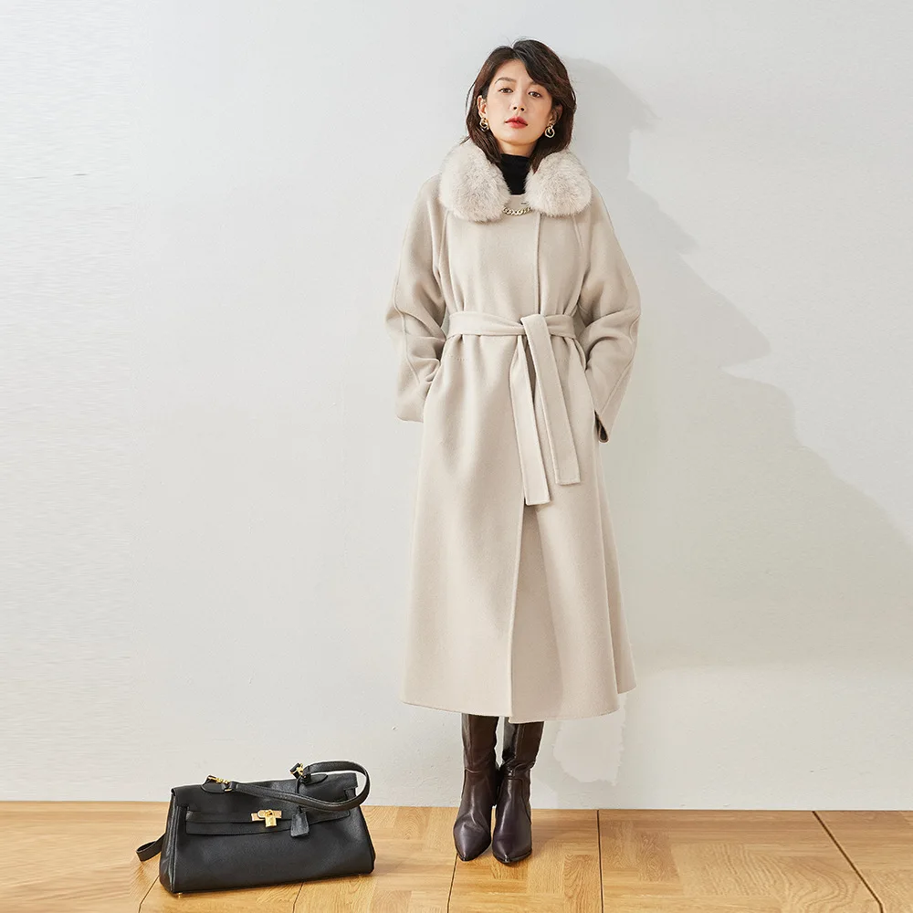 OC00365# Осенне-зимнее Женское пальто средней длины со Свободным воротником и Модным двусторонним кашемировым пальто А-образной формы на шнуровке4