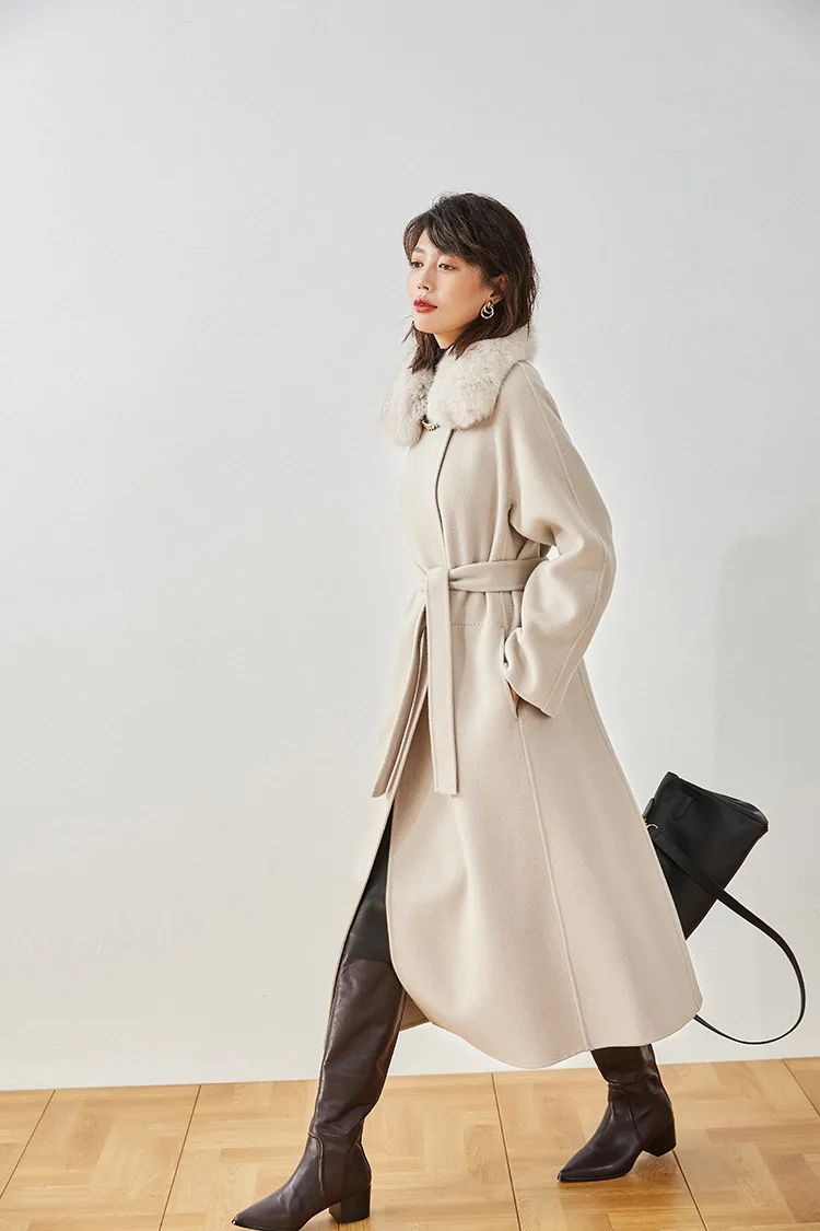 OC00365# Осенне-зимнее Женское пальто средней длины со Свободным воротником и Модным двусторонним кашемировым пальто А-образной формы на шнуровке5