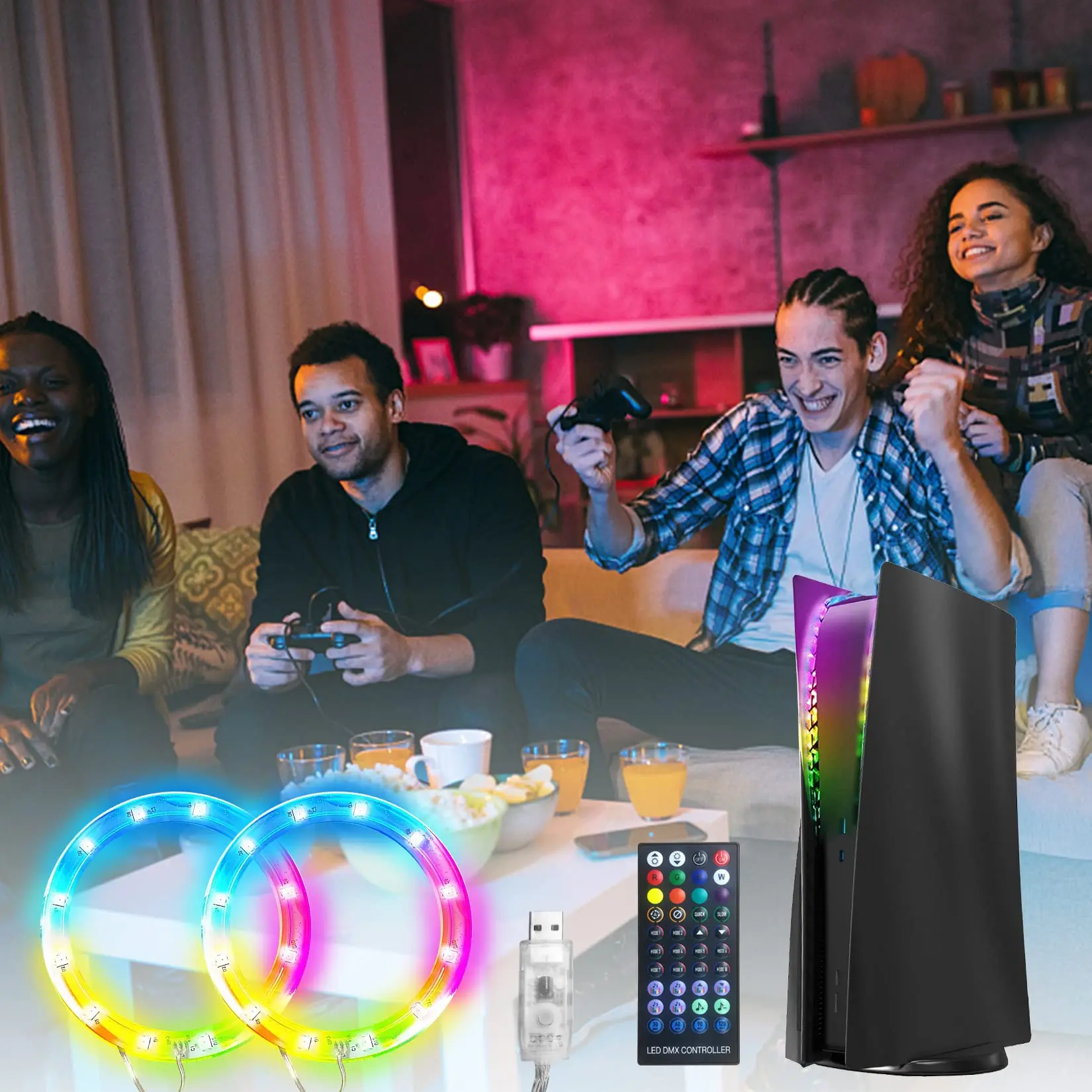 RGB светодиодная лента для игровой консоли PS5, синхронизация музыки, 8 цветов, 400 световых эффектов, кольцо для аксессуаров для консоли Sony PlayStation 53