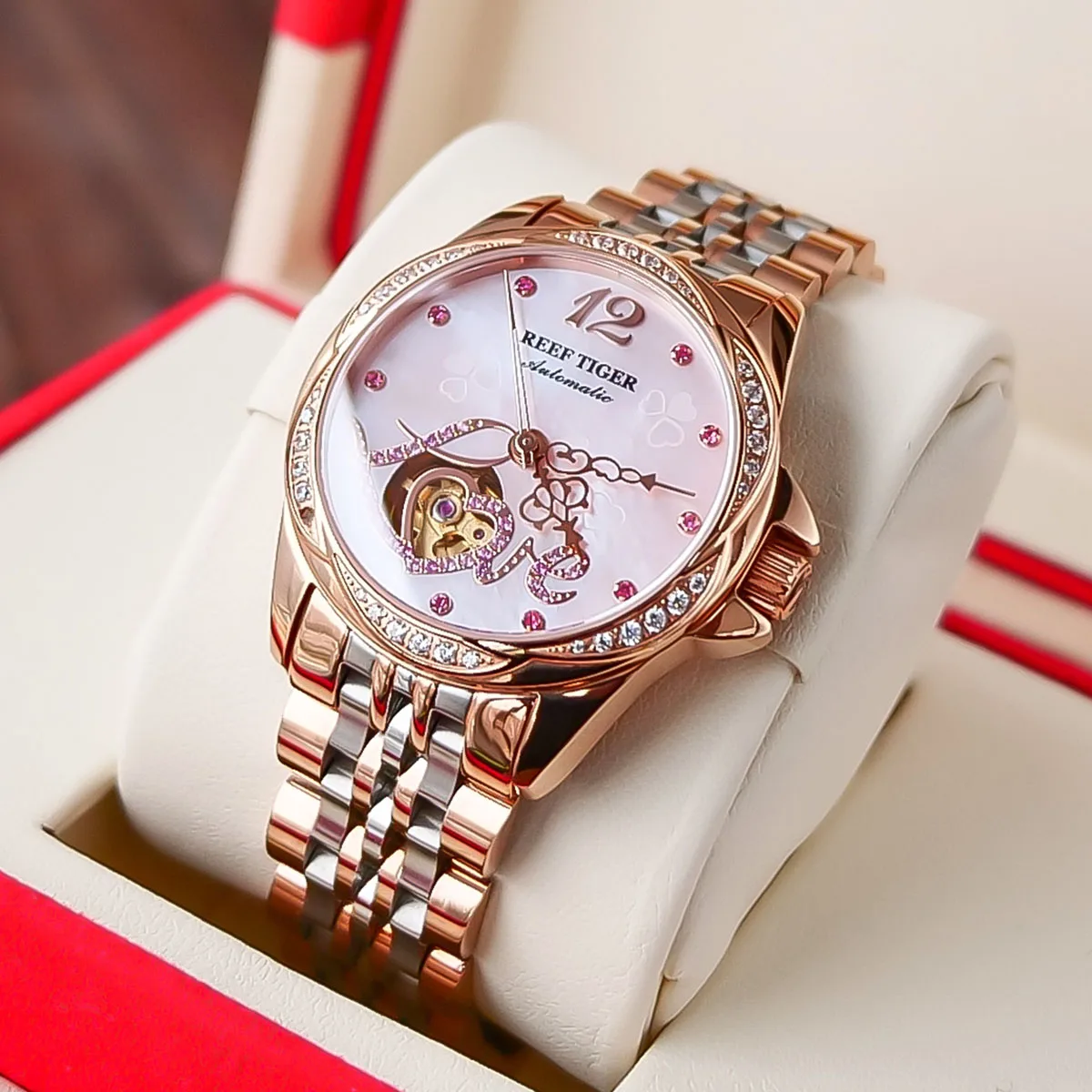 Reef Tiger, лидирующий бренд, женские часы, Роскошный Браслет из Розового золота с цветочным бриллиантом, автоматические часы Relogio Feminino RGA15831