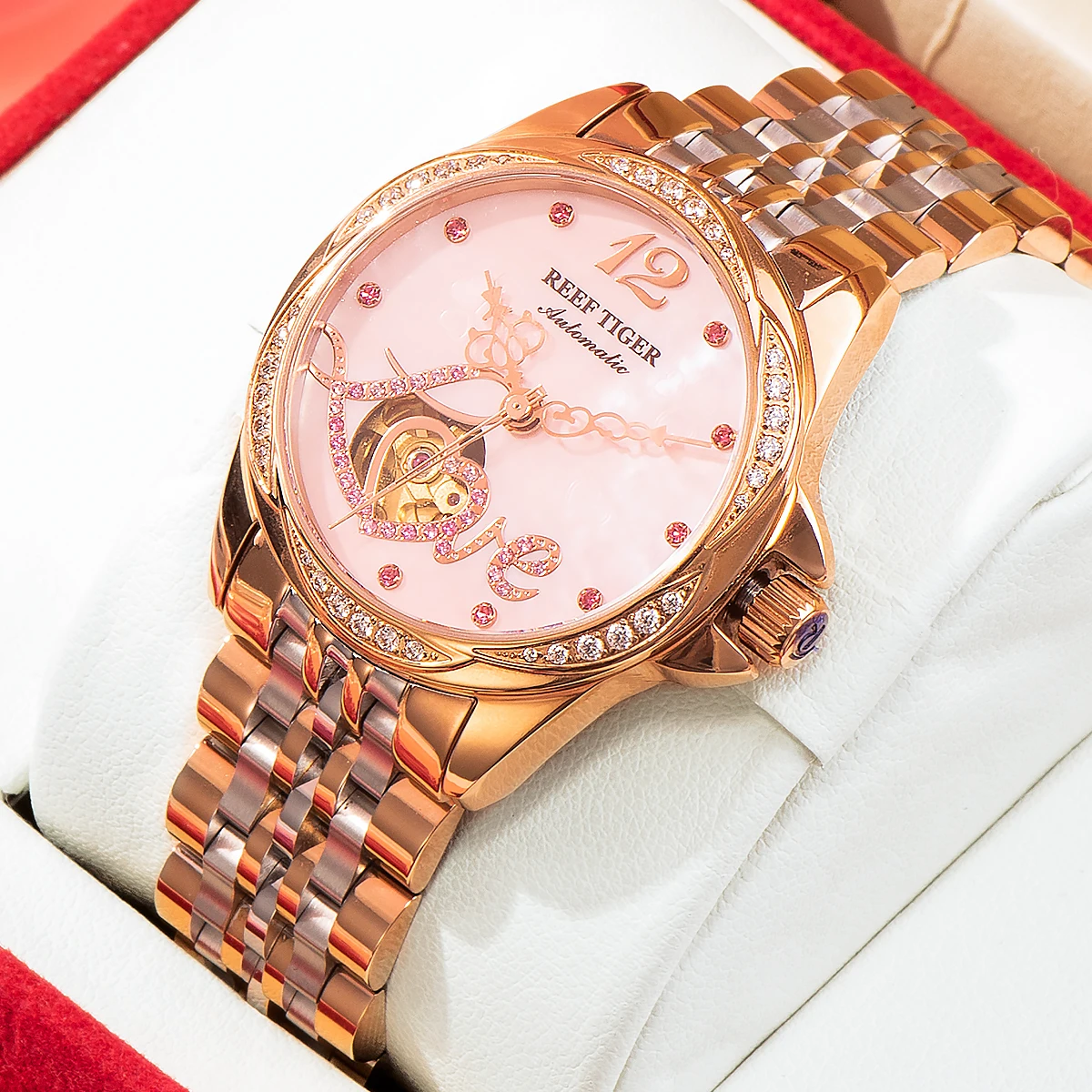 Reef Tiger, лидирующий бренд, женские часы, Роскошный Браслет из Розового золота с цветочным бриллиантом, автоматические часы Relogio Feminino RGA15832