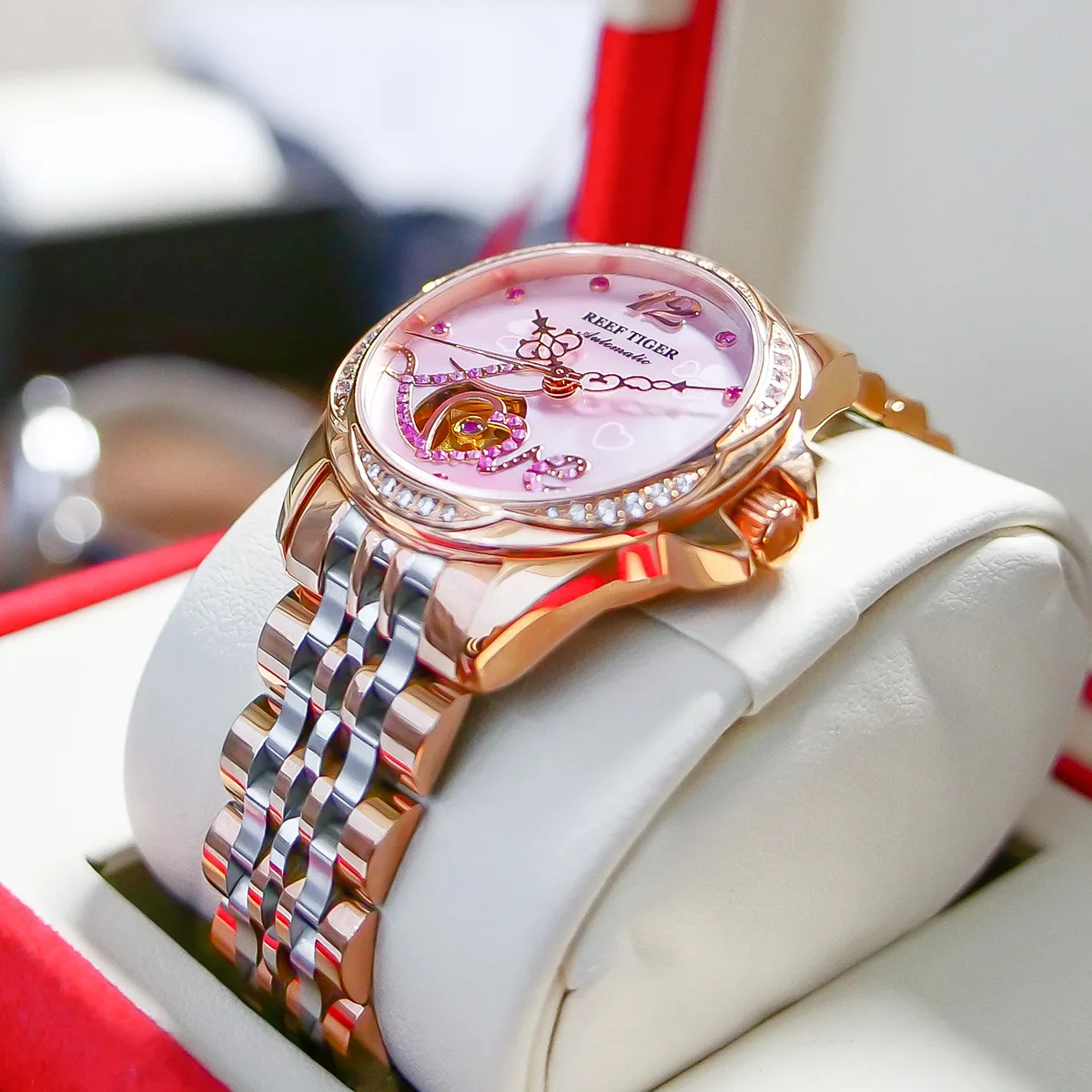 Reef Tiger, лидирующий бренд, женские часы, Роскошный Браслет из Розового золота с цветочным бриллиантом, автоматические часы Relogio Feminino RGA15833