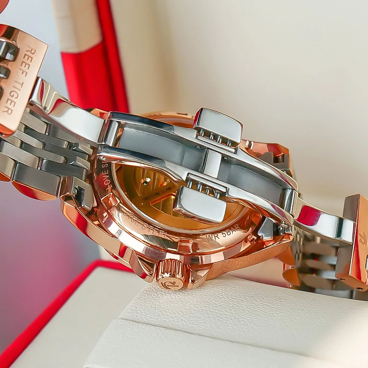 Reef Tiger, лидирующий бренд, женские часы, Роскошный Браслет из Розового золота с цветочным бриллиантом, автоматические часы Relogio Feminino RGA15834