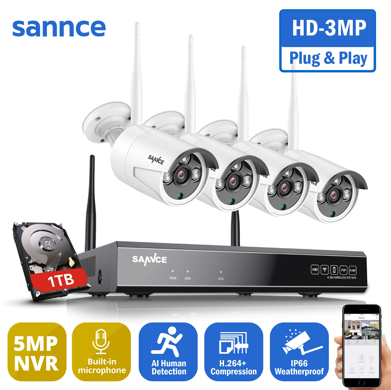 SANNCE 8CH 3MP Super HD Беспроводная Камера Безопасности Системные Камеры Наружного Атмосферостойкого Домашнего Видеонаблюдения0