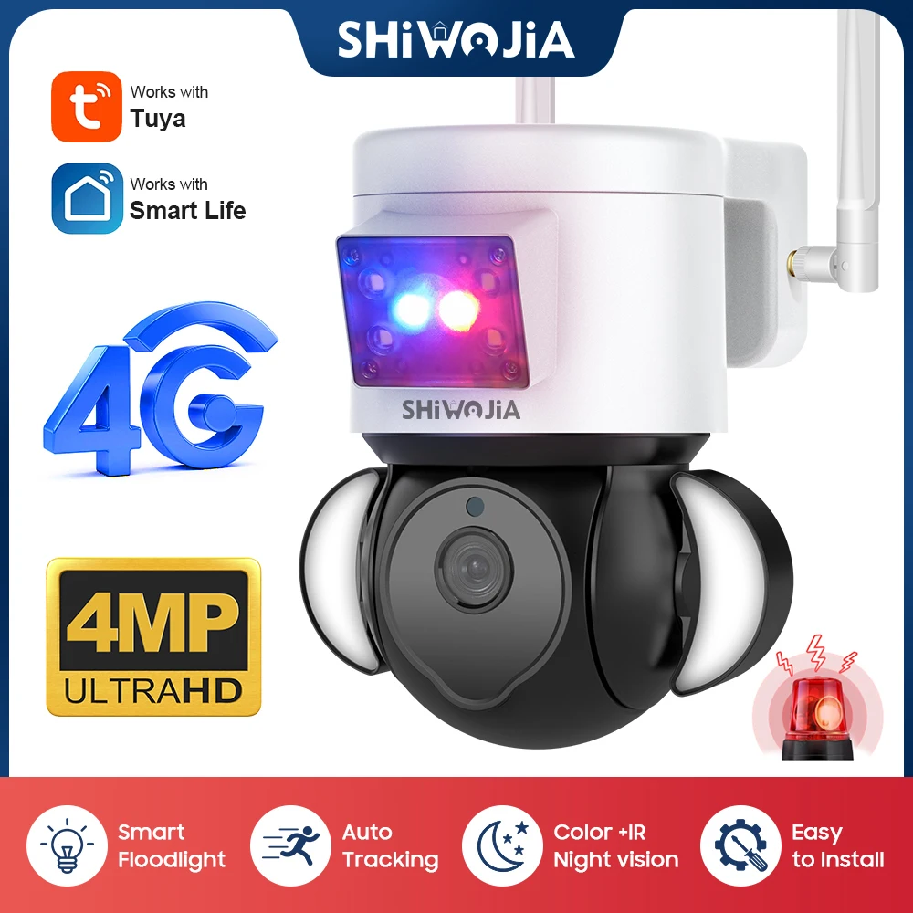 SHIWOJIA 4MP IP-камера Tuya 4G SIM-Карта Смарт-Прожекторная Камера 360-Градусная Камера Видеонаблюдения Двухсторонняя Сигнализация Kamera0