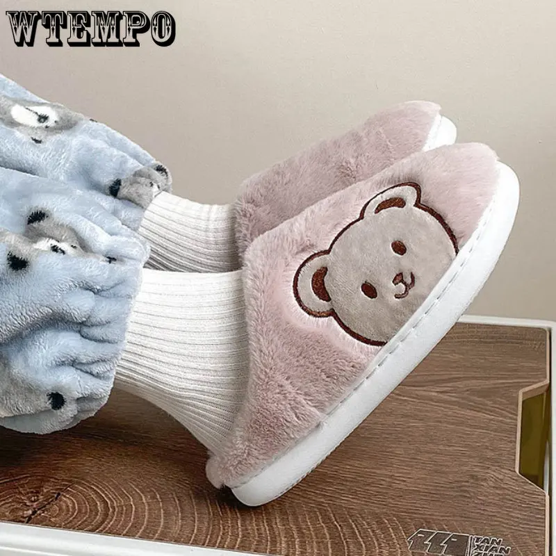 WTEMPO, женские теплые тапочки с мультяшным медведем, нескользящие зимние плюшевые тапочки, теплая обувь для спальни, пара хлопковых тапочек2
