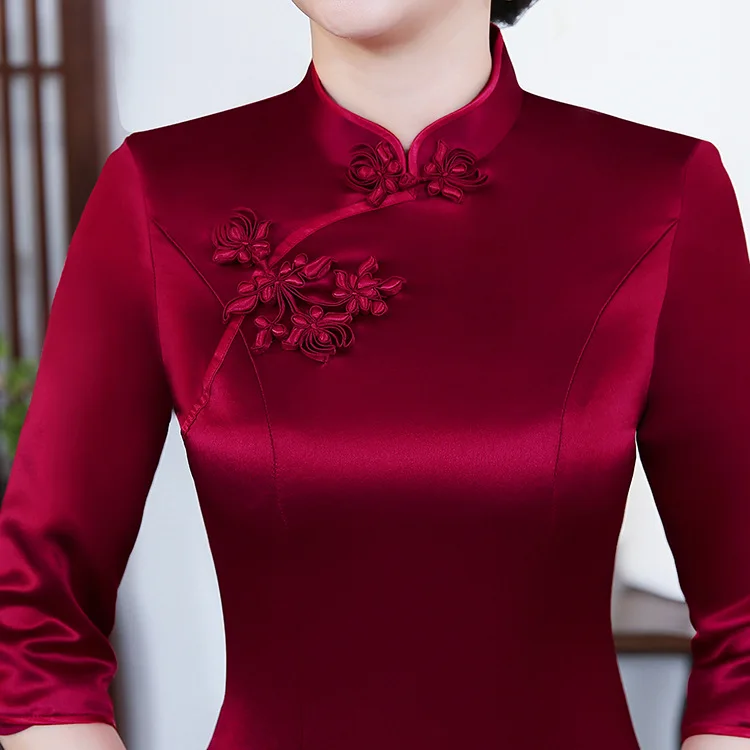 Yourqipao Китайское платье Винно-красного цвета для Свадебного банкета, Свадебное платье для матери Невесты, Атласное Женское вечернее платье Cheongsam 20233