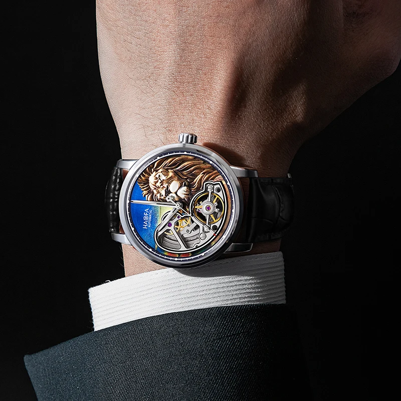 Автоматические механические часы Haofa Skeleton для мужчин, 3D Сапфировый лев, Светящиеся Водонепроницаемые мужские часы из нержавеющей Стали, Бизнес 22654