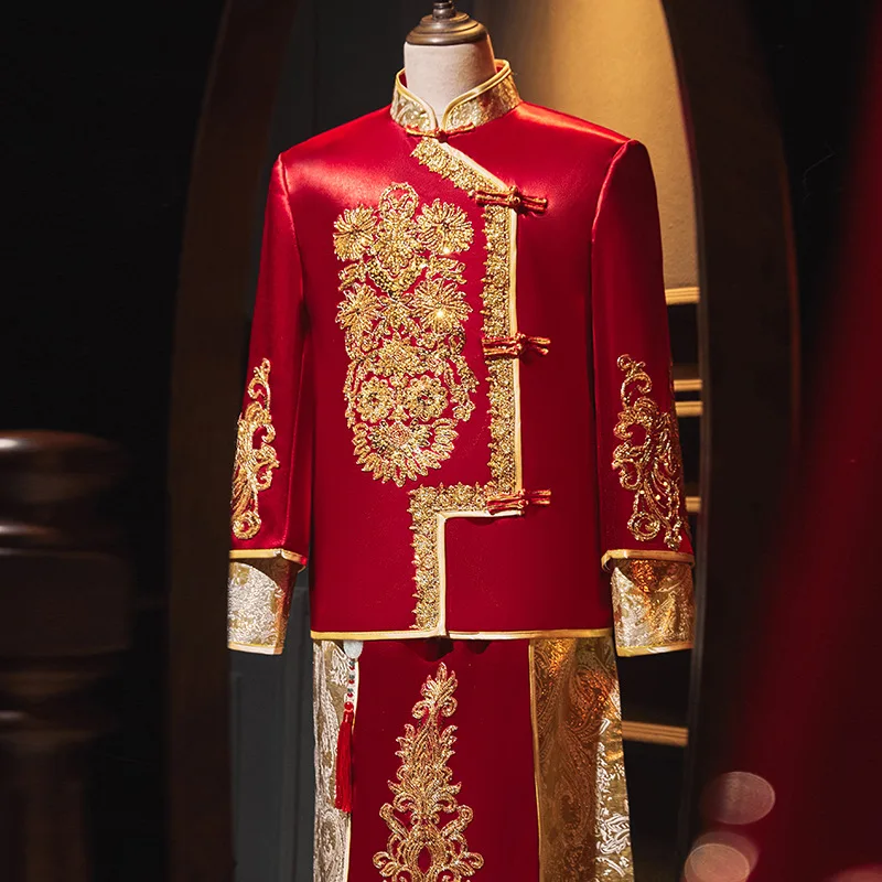 Атласное Свадебное платье для Жениха в китайском стиле, Винтажное Мужское Свадебное платье с вышивкой дракона, блестки, свадебный костюм Эпохи Тан, одежда китайская одежда1