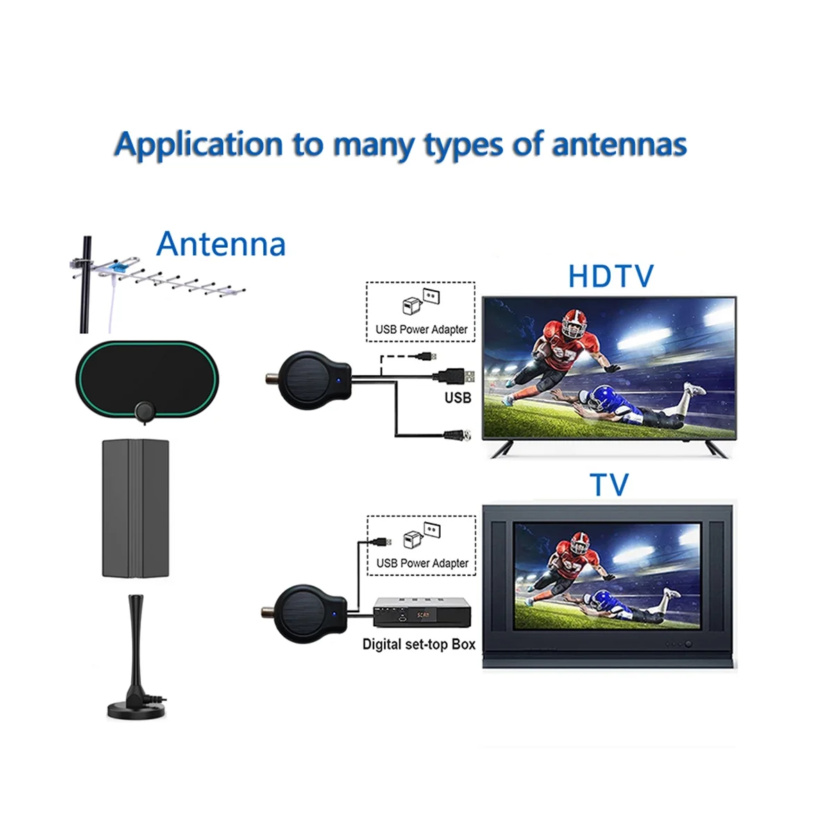 Быстрая установка на открытом воздухе или в помещении HDTV Цифровая телевизионная антенна Усилитель сигнала HD FM DVB с питанием от USB 32DBI5