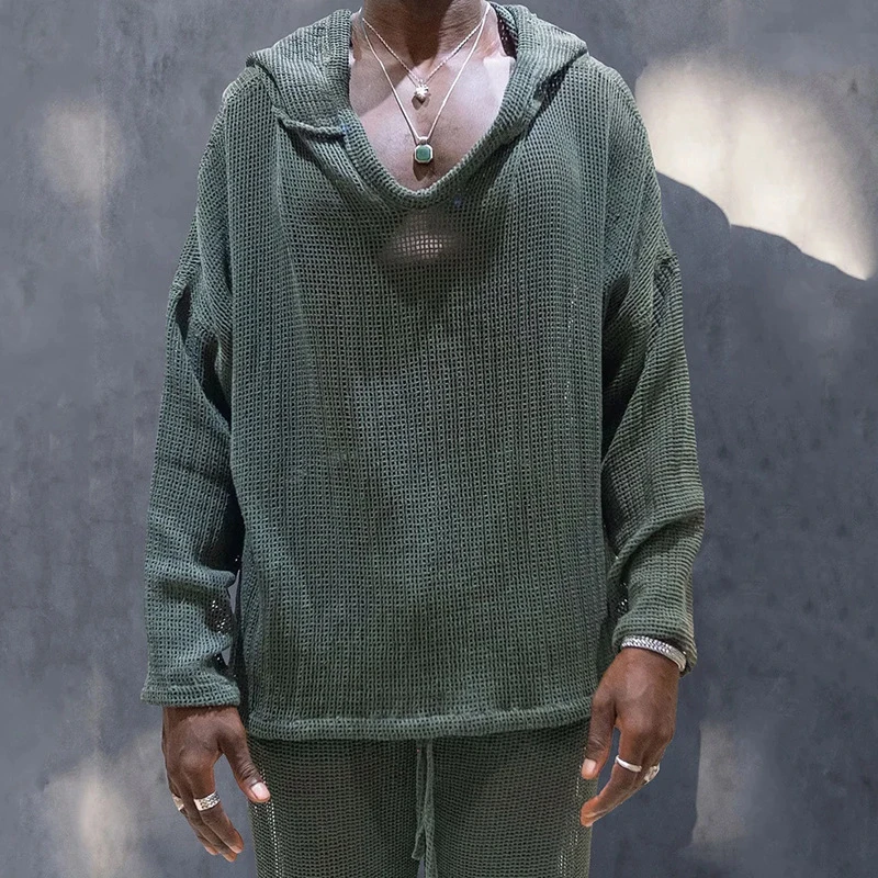 Весенне-летний Повседневный пуловер с капюшоном, вязаный топ, модная однотонная открытая мужская футболка, Уличная толстовка с длинным рукавом для мужчин5