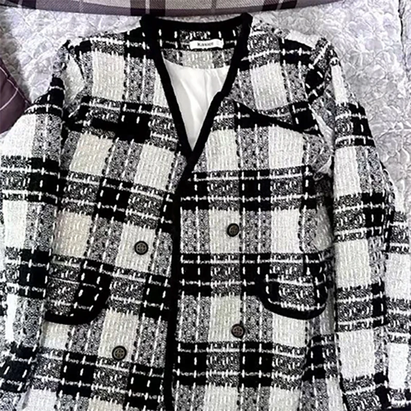 Винтажная Черная Клетчатая куртка Женская 2023 Новая Осенне Зимняя Твидовая куртка французского Дизайна Модный Свободный Двубортный Тренд верхней одежды5