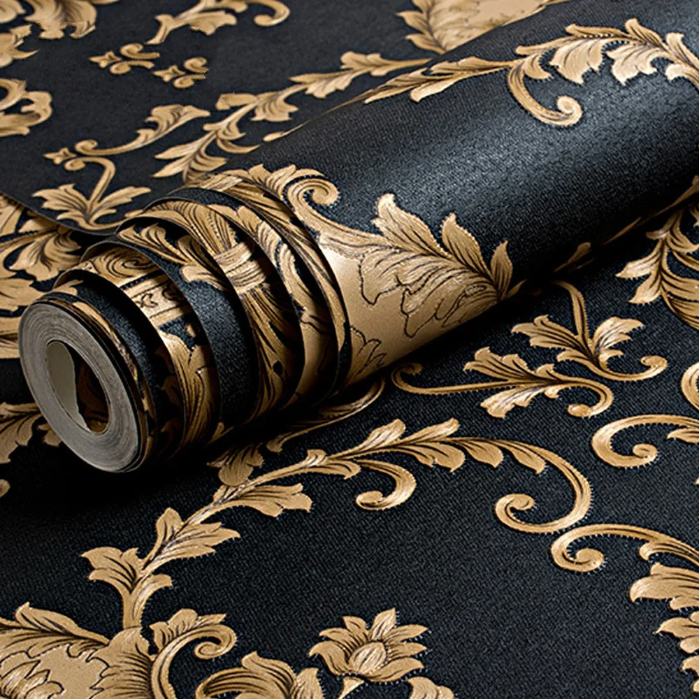Высококачественная черная золотая роскошная текстура с тиснением, металлизированные 3D дамасские обои для стен, рулонный виниловый ПВХ0