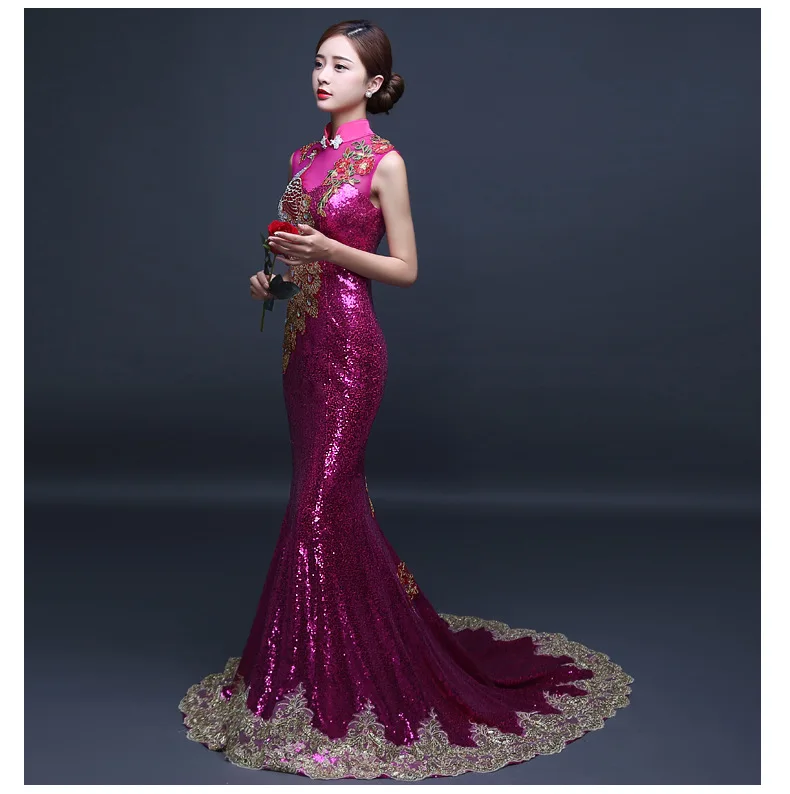 Длинное Китайское Восточное Вечернее Платье Cheongsam с Вышивкой, Элегантные Платья Принцессы, Красное Ципао, Свадебное Летнее Женское Сексуальное Платье С Цветами3