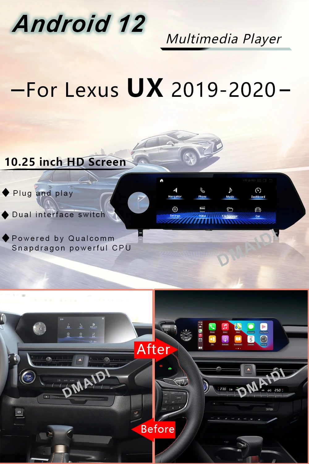 Для Lexus UX ZA10 UX200 UX250h 2018-2021 Snapdragon Android 12 Автомобильный Радиоприемник GPS Навигация Мультимедийный Плеер CarPlay Авторадио1