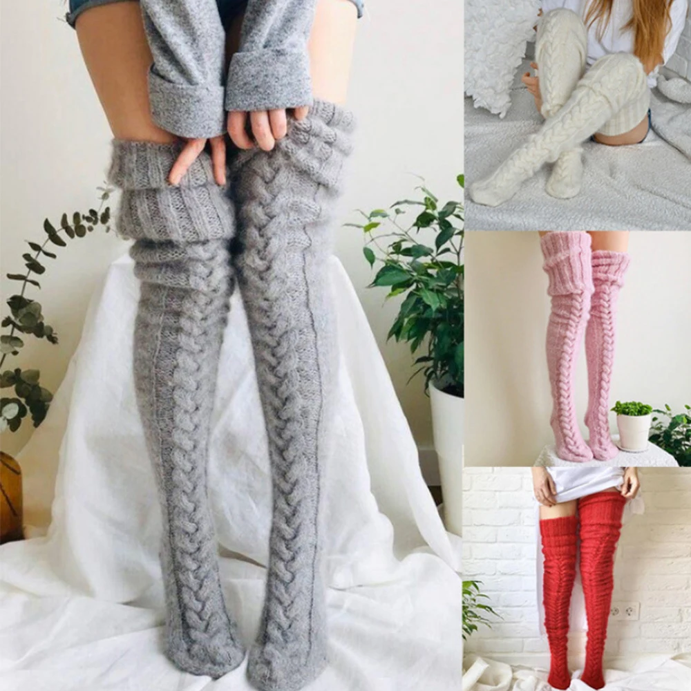 Женские трикотажные удлиненные чулки выше колена, зимние теплые полосатые японские чулки с ворсом, Рождественские длинные носки до бедра4