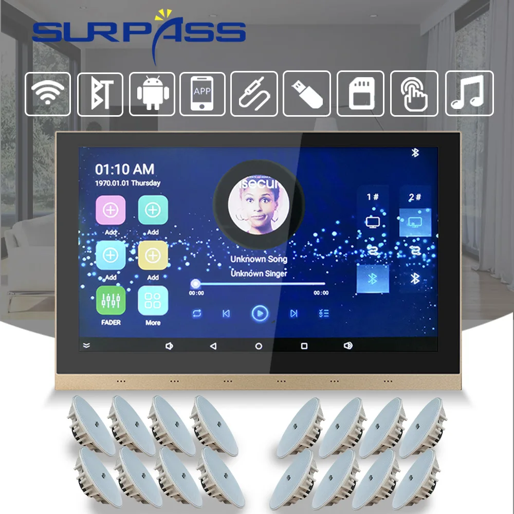 Звуковая система с сенсорным экраном Музыкальный плеер, совместимый с Bluetooth, Встроенный усилитель Android Wifi Аудио с потолочным динамиком Стерео Комплект0