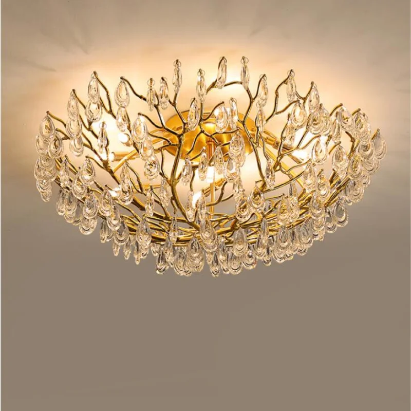 Итальянская роскошная люстра с золотыми ветвями, фары для гостиной, освещение спальни, теплая романтическая свадебная круглая хрустальная лампа0