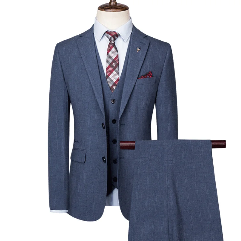 (Куртка + жилет + брюки) Новый мужской костюм, комплект из 3 предметов, серо-синие костюмы, официальная офисная одежда, мужской бренд, приталенный свадебный костюм жениха, брюки0