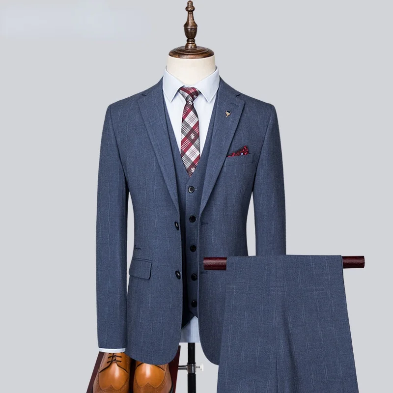 (Куртка + жилет + брюки) Новый мужской костюм, комплект из 3 предметов, серо-синие костюмы, официальная офисная одежда, мужской бренд, приталенный свадебный костюм жениха, брюки1
