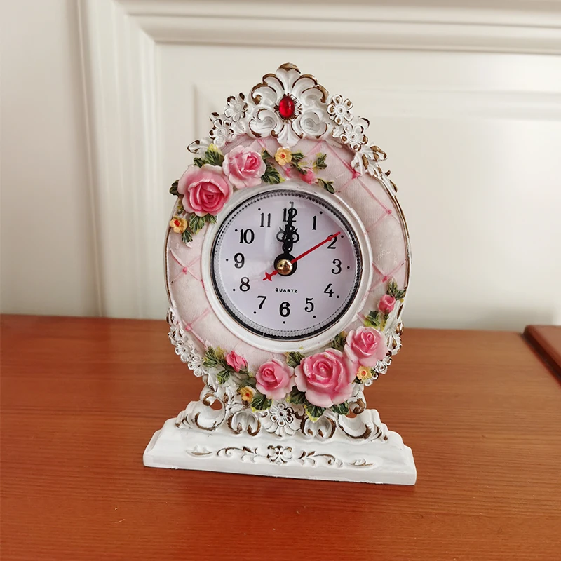 Маленькие настольные часы с ручной росписью в пасторальном стиле из розовой смолы, Маленький будильник2