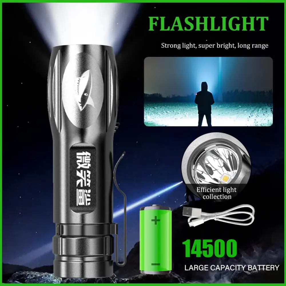 Мини-фонарик, мощный светодиодный фонарик, USB-освещение, фонарик с фиксированным фокусом, лампа дальнего действия, Водонепроницаемые портативные кемпинговые факелы1
