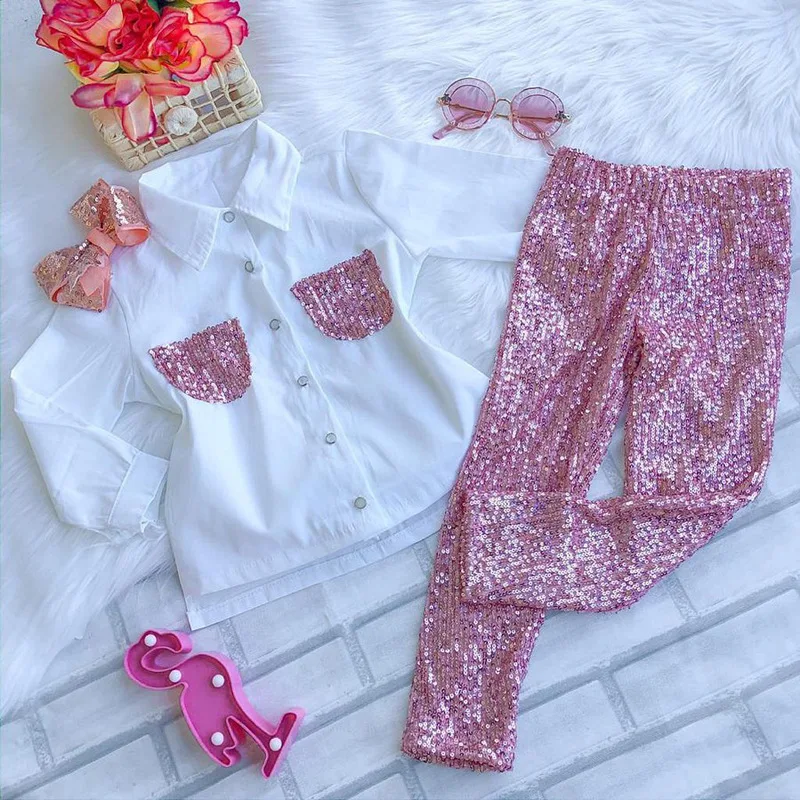 Модная детская одежда, Белая рубашка и розовые леггинсы с блестками, комплекты детской весенней одежды для девочек, комплект праздничной одежды для девочек TZ1060