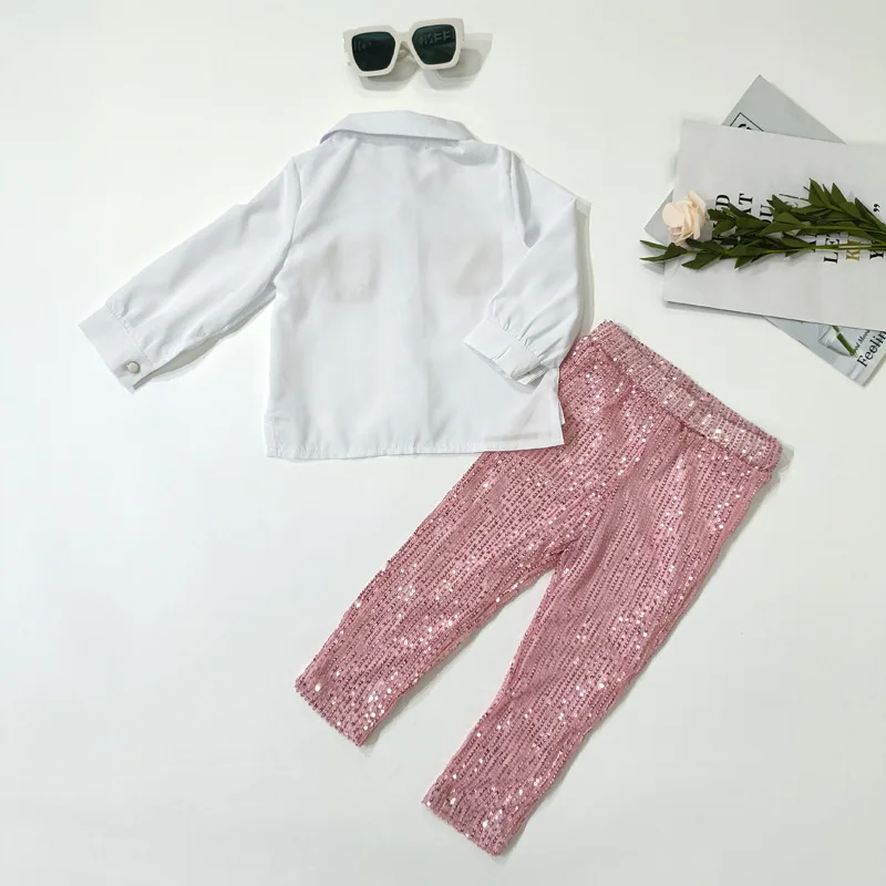 Модная детская одежда, Белая рубашка и розовые леггинсы с блестками, комплекты детской весенней одежды для девочек, комплект праздничной одежды для девочек TZ1063
