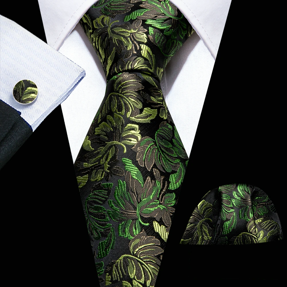 Модный Зеленый черный шелковый галстук Флоал для мужчин, галстук, носовой платок, запонки, набор свадебных деловых запонок Barry. Броши-булавки для галстука Wang 59450