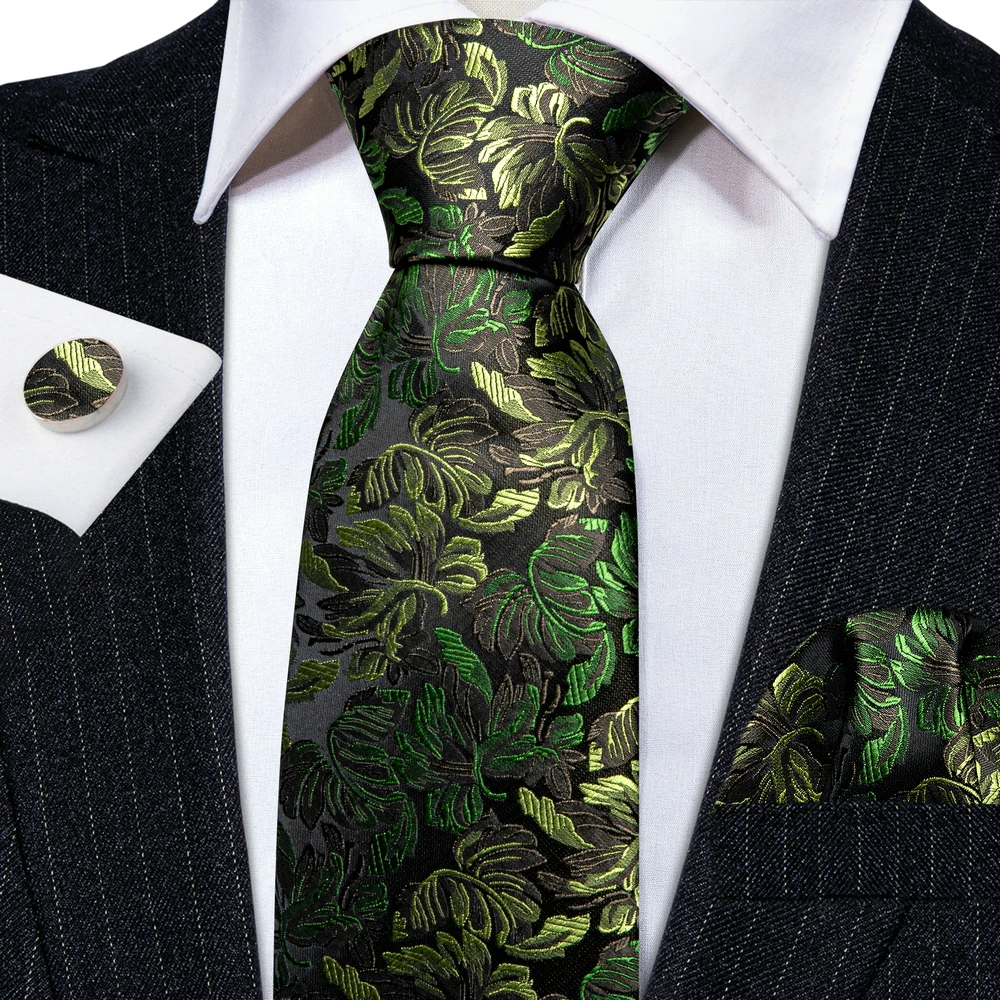 Модный Зеленый черный шелковый галстук Флоал для мужчин, галстук, носовой платок, запонки, набор свадебных деловых запонок Barry. Броши-булавки для галстука Wang 59451