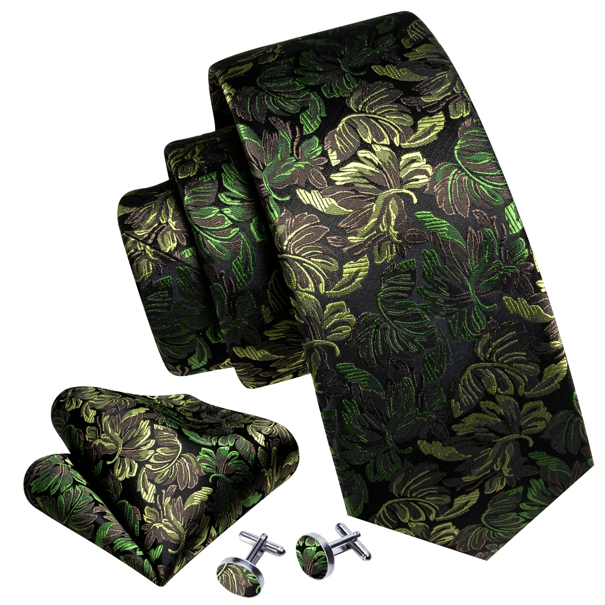 Модный Зеленый черный шелковый галстук Флоал для мужчин, галстук, носовой платок, запонки, набор свадебных деловых запонок Barry. Броши-булавки для галстука Wang 59452