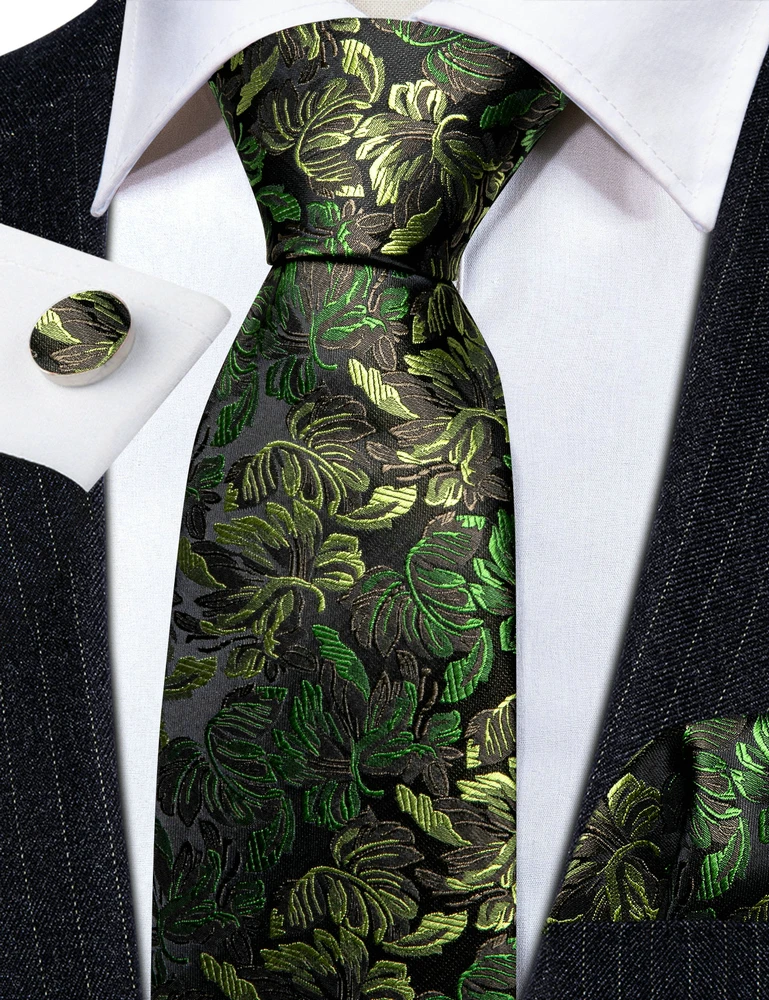 Модный Зеленый черный шелковый галстук Флоал для мужчин, галстук, носовой платок, запонки, набор свадебных деловых запонок Barry. Броши-булавки для галстука Wang 59453