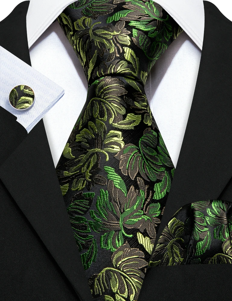 Модный Зеленый черный шелковый галстук Флоал для мужчин, галстук, носовой платок, запонки, набор свадебных деловых запонок Barry. Броши-булавки для галстука Wang 59454