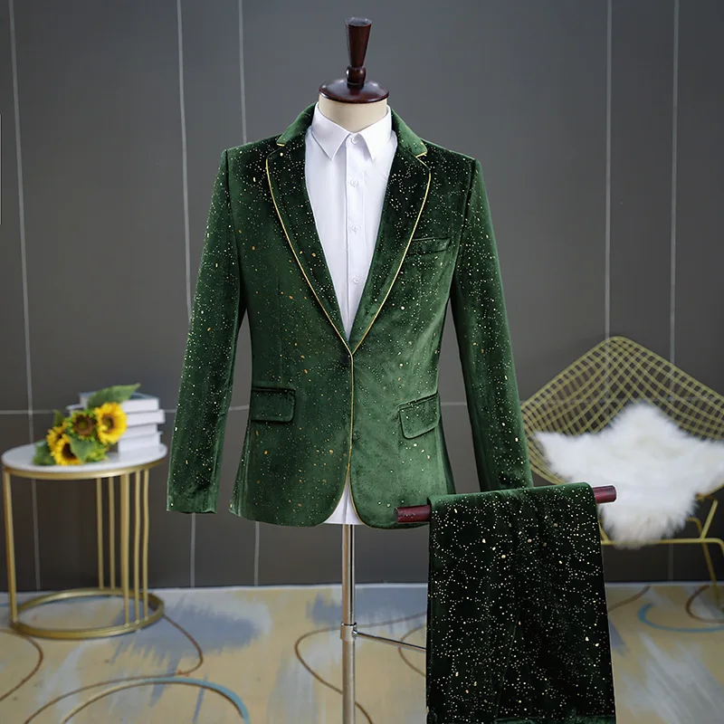 Мужской деловой комплект для выступления на сцене из 2 предметов с бархатным покрытием, вечернее платье для выпускного вечера (куртка + брюки)0